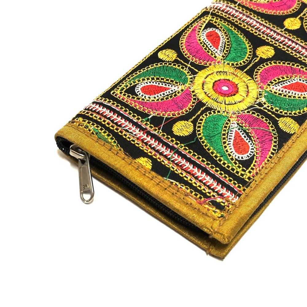 Embroidered Multicolor Women's Clutch Wallet - Gold Trim
